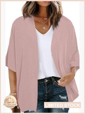 Plus Size Lightweight Cardigan Half Sleeve Ribbed Knit Kimono Cardigans Tops